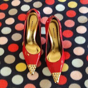 RED PATENT LEATHER HEELS GOLD TOE TIP MADE IN BRAZIL Size 5.